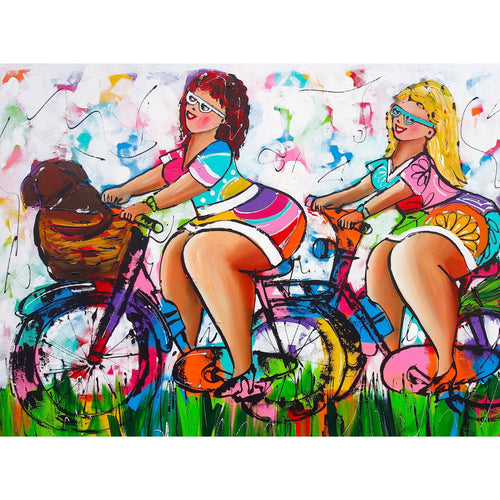 Vrolijk Schilderij - Dikke Dames Fietsen